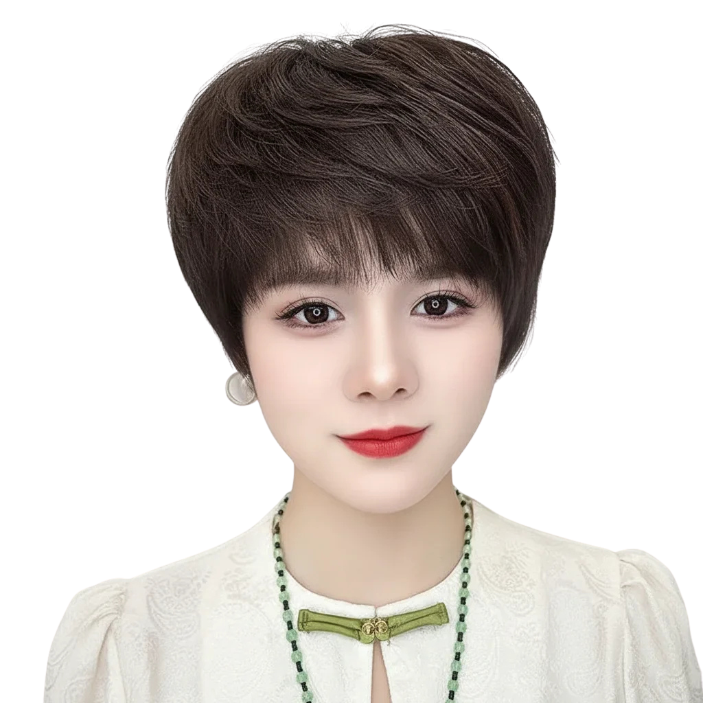 Short Human Hair Cap Wig with Simulated Scalp