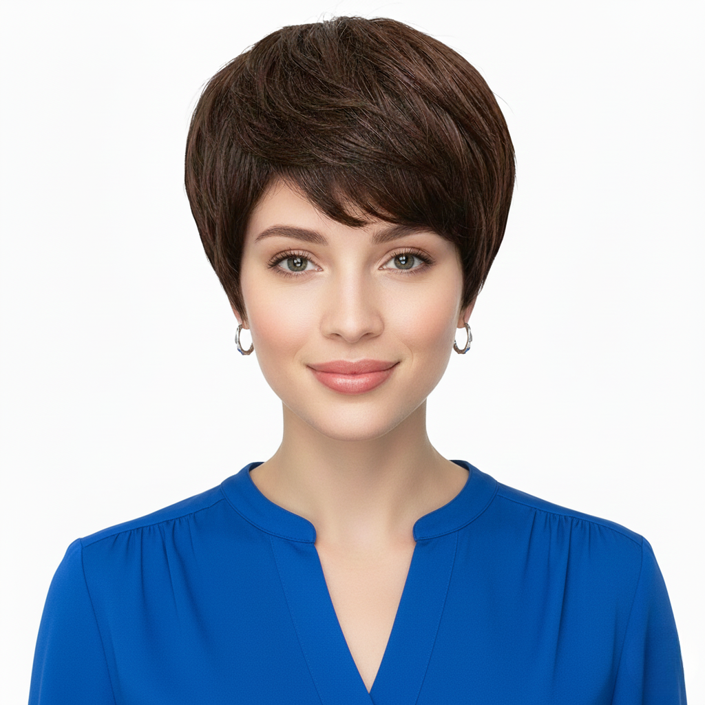 Short Human Hair Cap Wig with Simulated Scalp