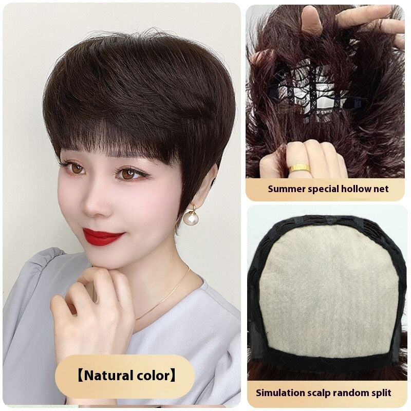 Short Human Hair Cap Wig with Simulated Scalp